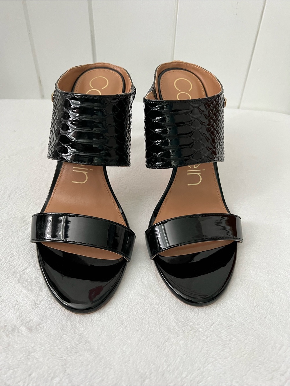 Calvin Klein Black Snake/Patent Slide Mules with Textured Ankle Strap